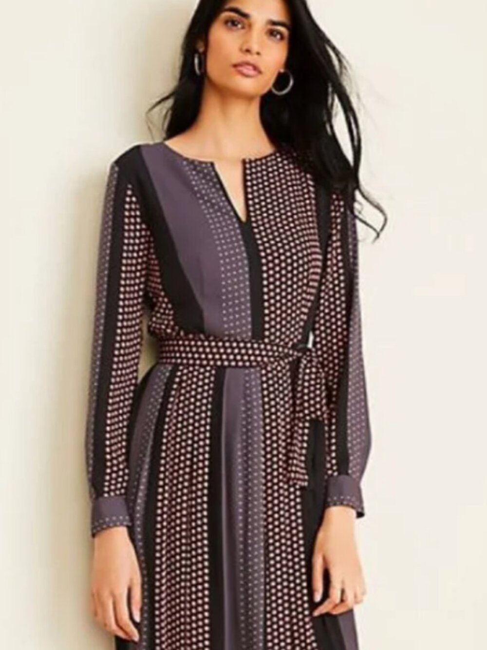 Ann Taylor Pleated Midi Dress Floral Geo Mixed Print Black Gray Sz 2